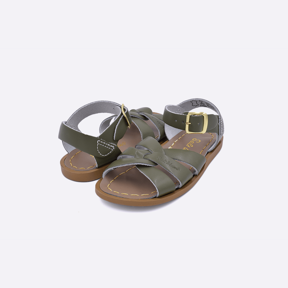 Two  toddler sized 800 Original style sandals with olive straps and beige insoles. Both pushed together facing the camera diagonally.